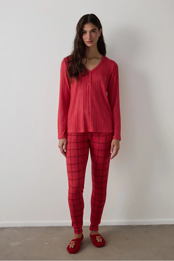 Penti женски сет пижами COZY TIME RED CHECKED LS PANT SET 